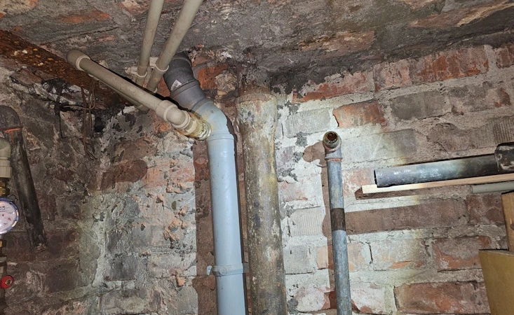 Demontaż starej instalacji wodnej w piwnicy – widoczny fragment usuwanych stalowych rur na ceglanym murze