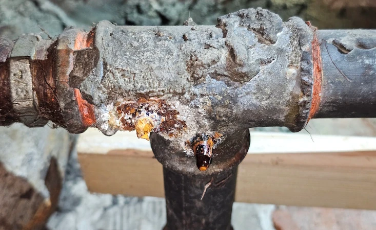 Zbliżenie skorodowanego trójnika z wiszącą kroplą wody – wyciek na starym metalowym odcinku instalacji