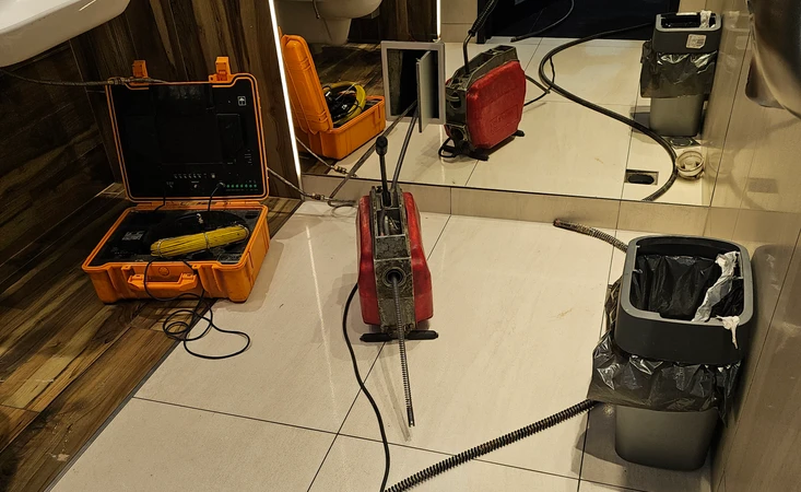 Elektryczna sprężyna ze spiralą skierowaną do rewizji pionu podczas udrażniania – obok walizka z monitorem kamery inspekcyjnej