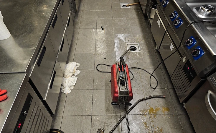 Spirala elektrycznej sprężyny wprowadzona przez kratkę ściekową w podłodze kuchni restauracji – widok z góry na maszynę podczas pracy